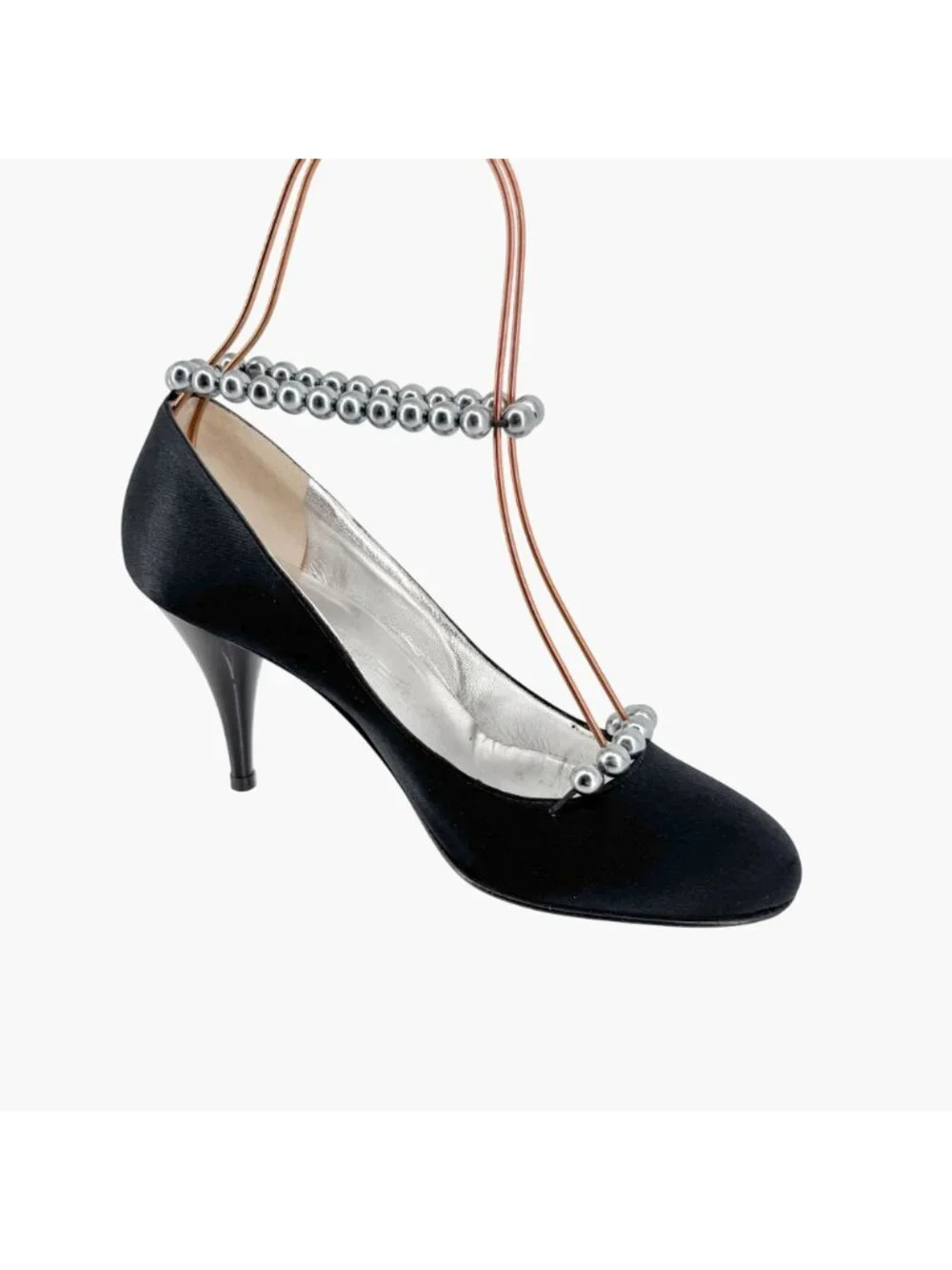 Chanel Pearl Ankle Strap Pumps Heels Black Satin Size 38 US 7–7.5 Women Anklet - Picture 13 of 15